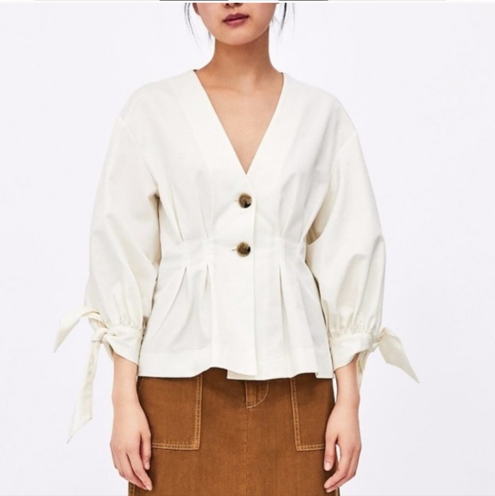 Zara Pleated Peplum V Neck Linen Blouse, Size XS